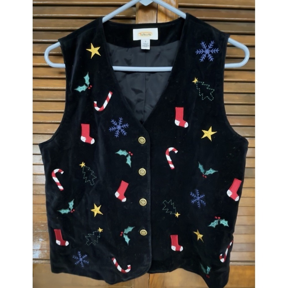 Talbots Christmas Vest Womens S Black Velvet Embroidered Holiday Novelty